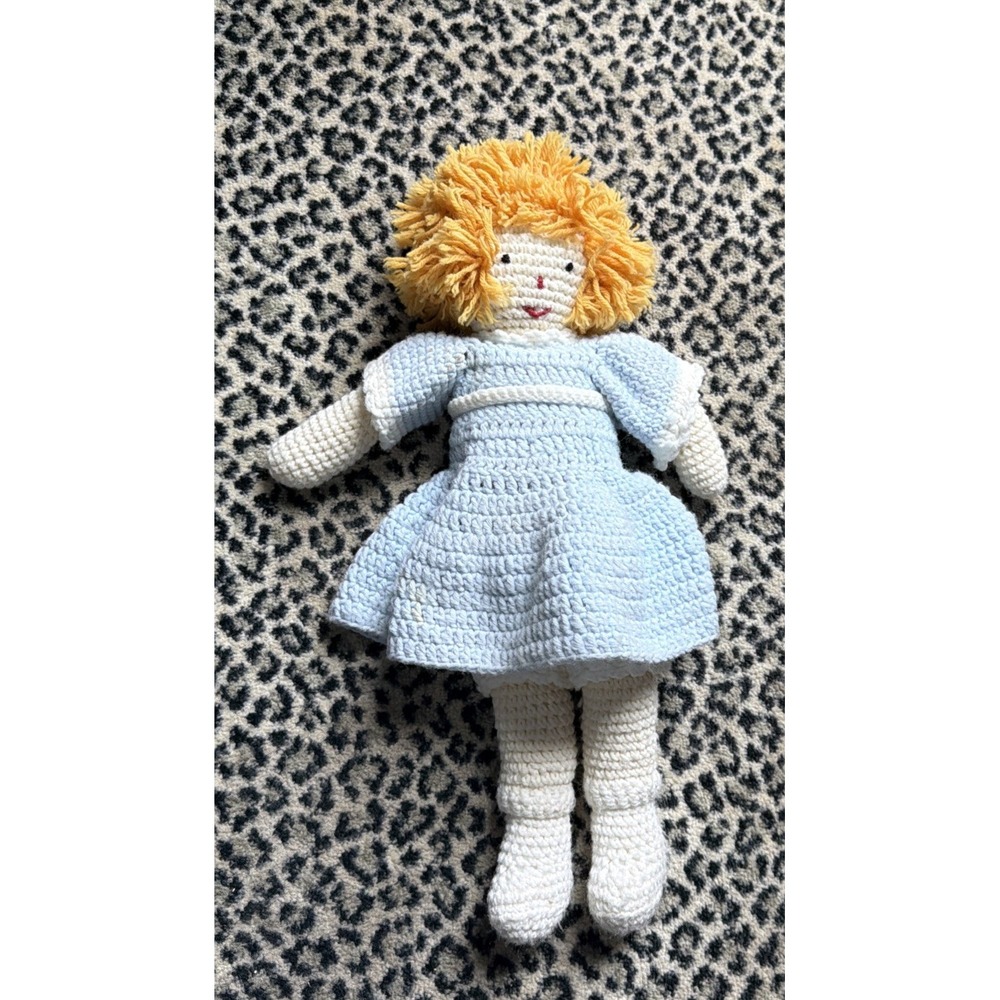 Handmade Crochet Doll 22" White Skin Blue Dress Bloomers Yellow Short Hair VTG